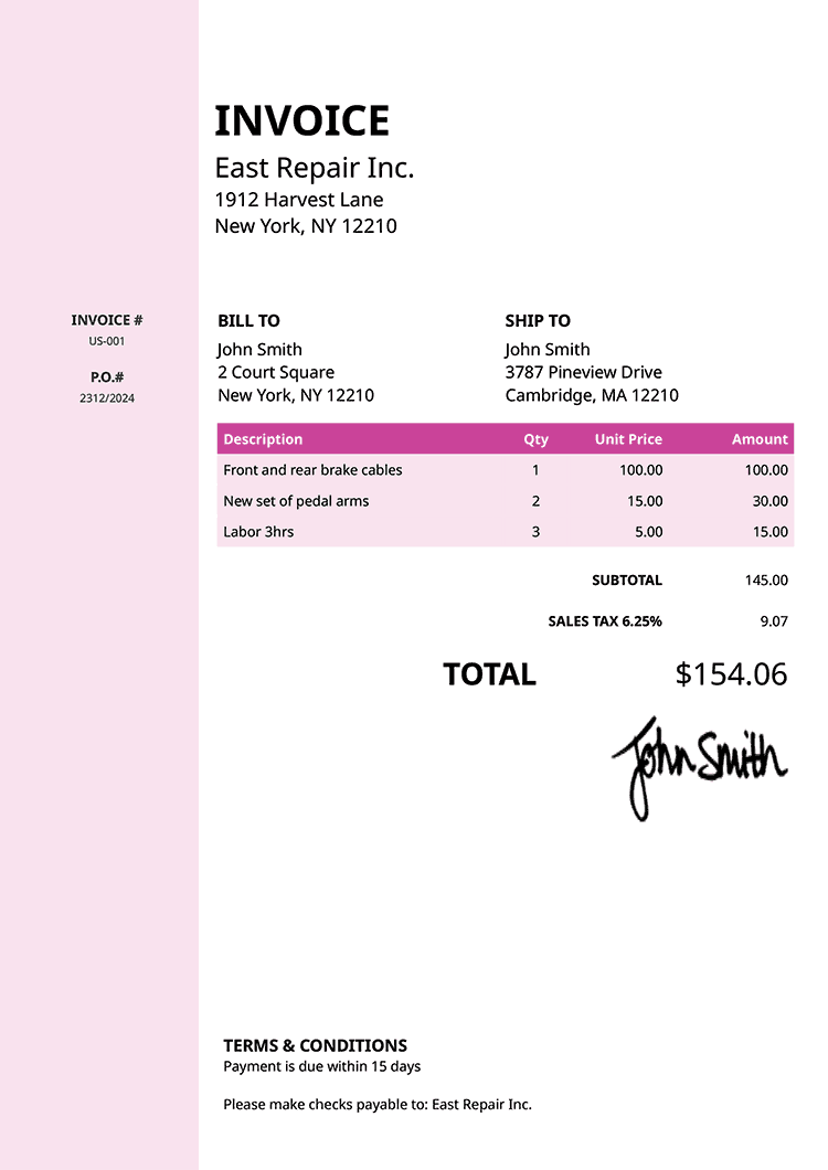 Invoice Template Us Column Pink 