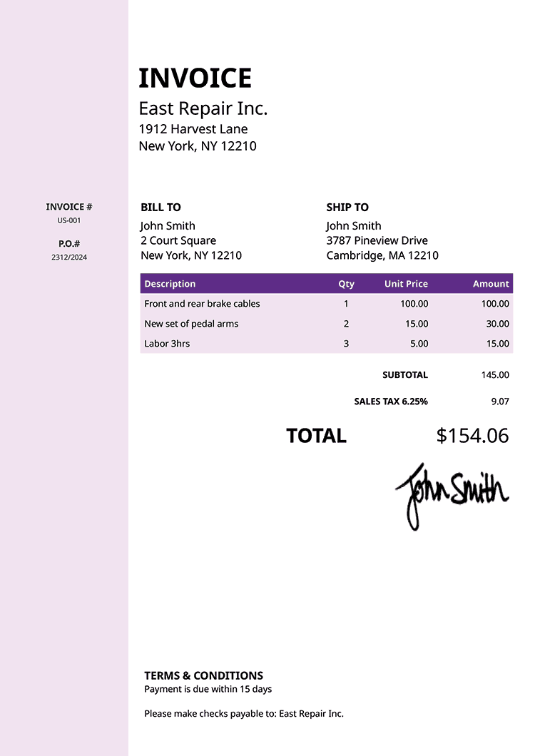 Invoice Template Us Column Purple 