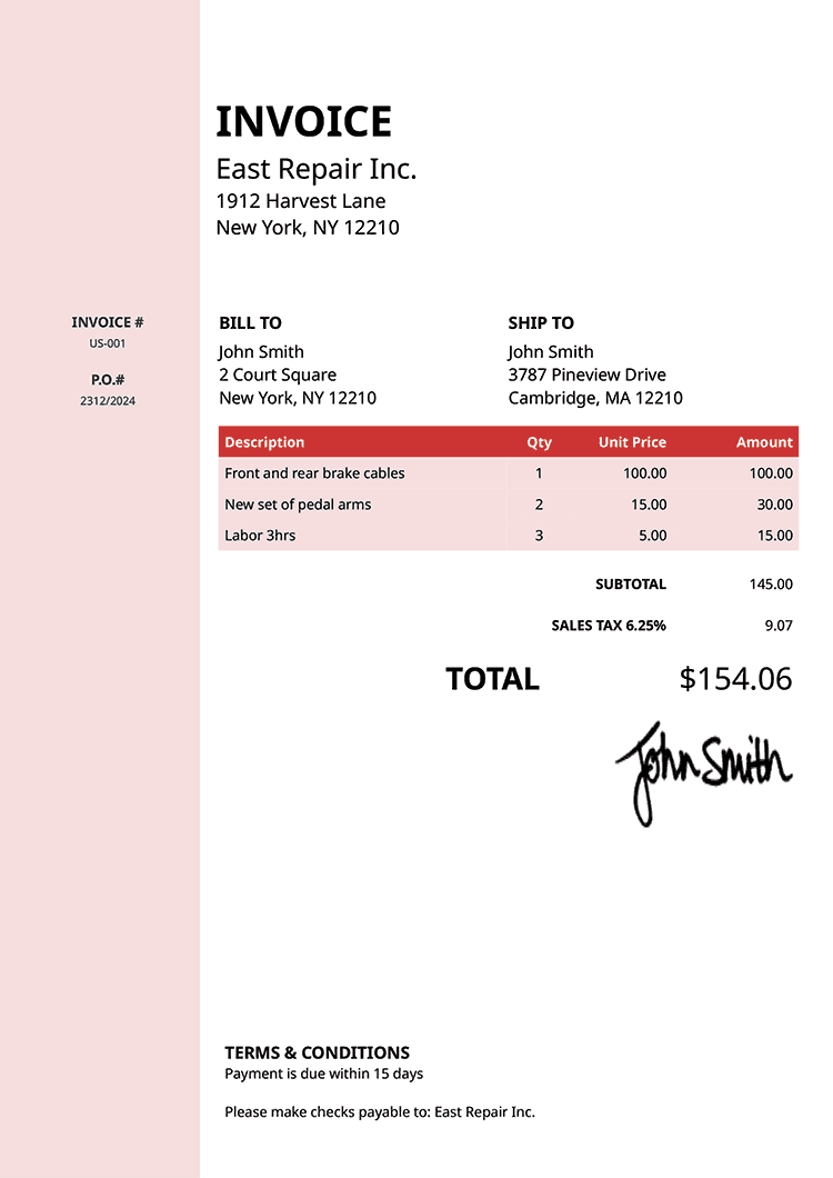 Invoice Template Us Column Red 