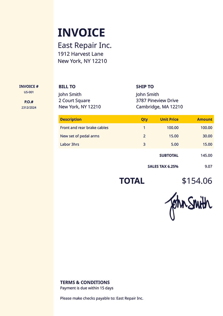 Invoice Template Us Column Yellow 