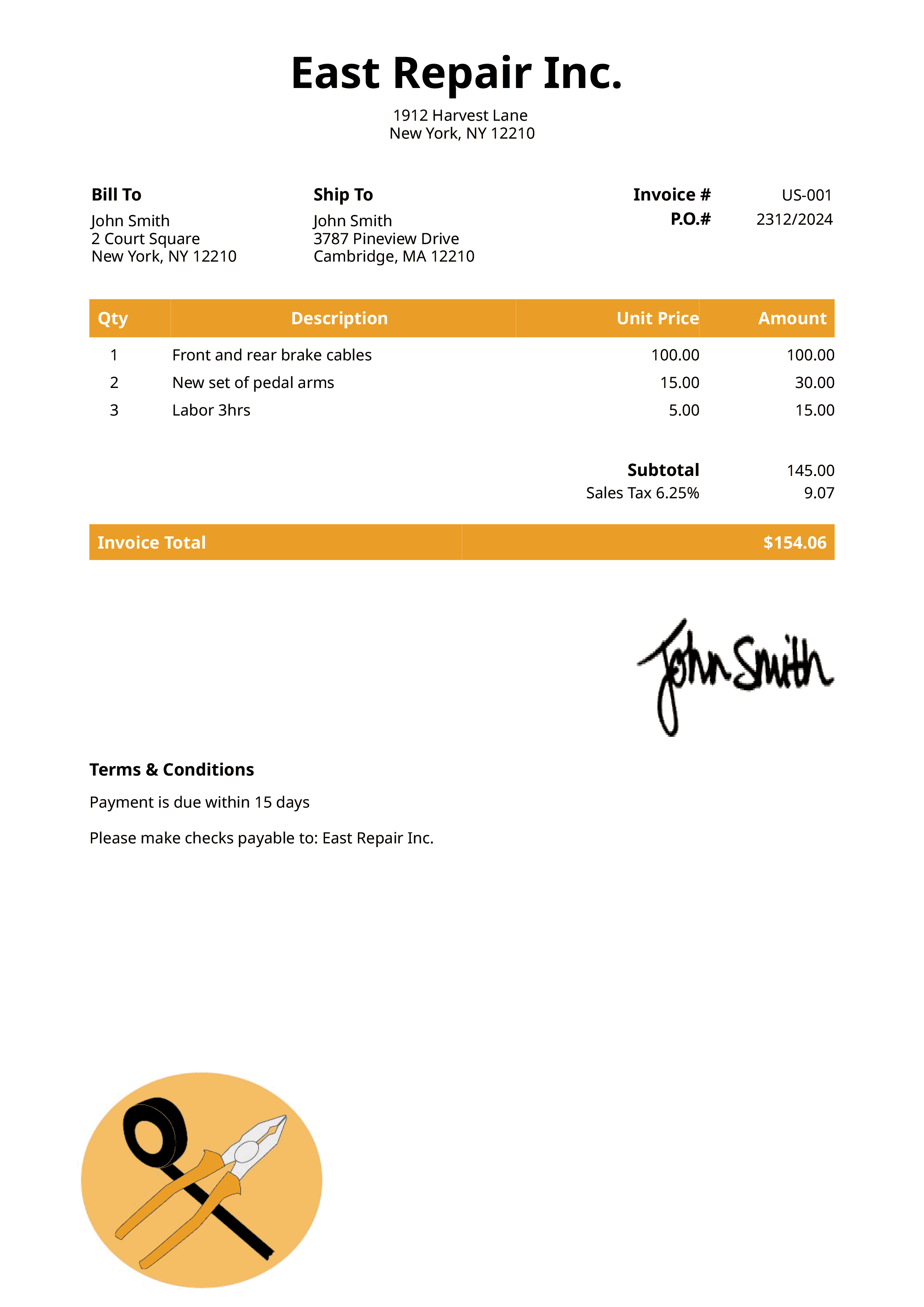 Invoice Template Us Electrician Yellow 