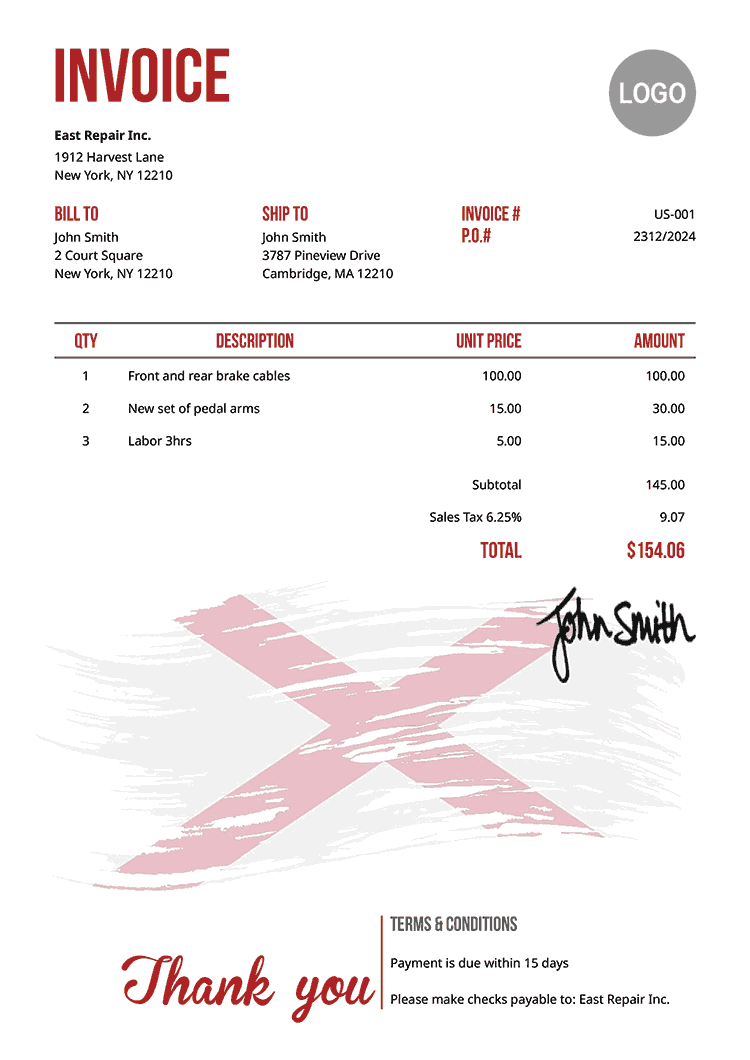 Invoice Template Us Flag Of Alabama 