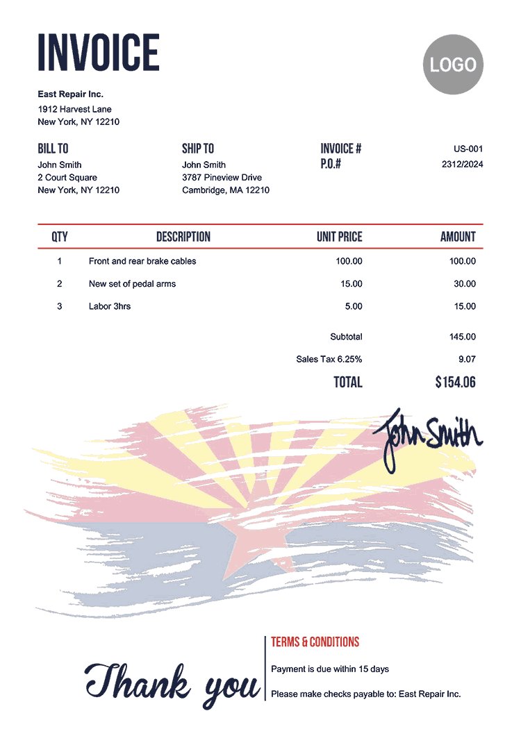 Invoice Template Us Flag Of Arizona 