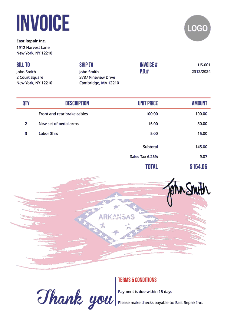 Invoice Template Us Flag Of Arkansas 