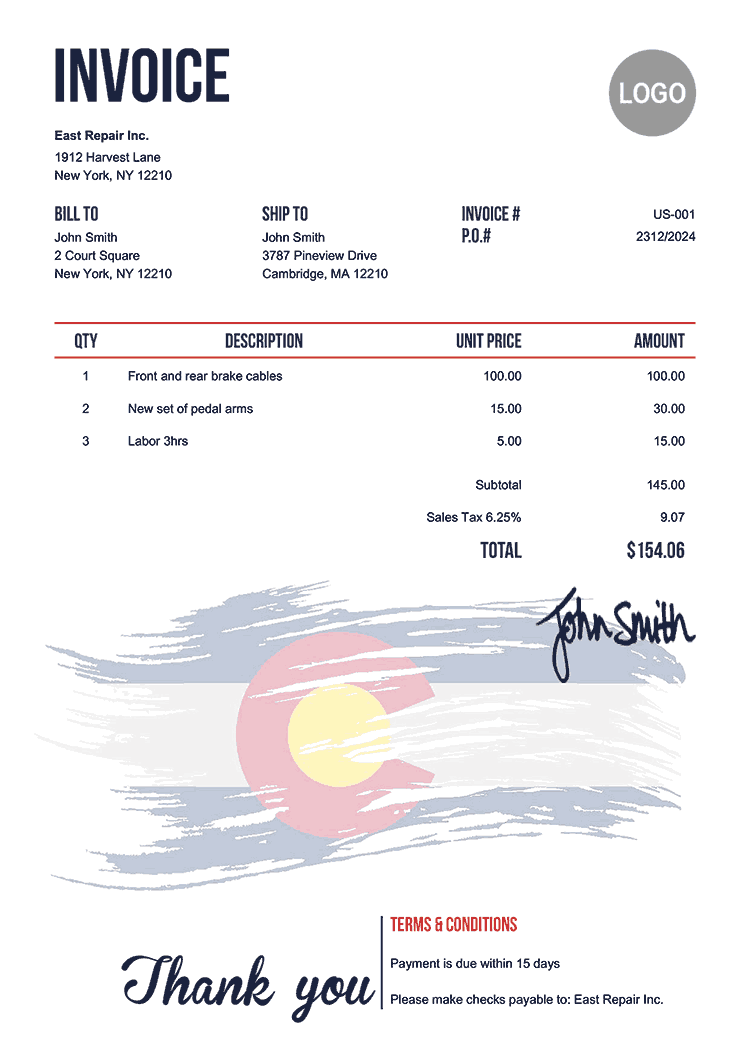 Invoice Template Us Flag Of Colorado 