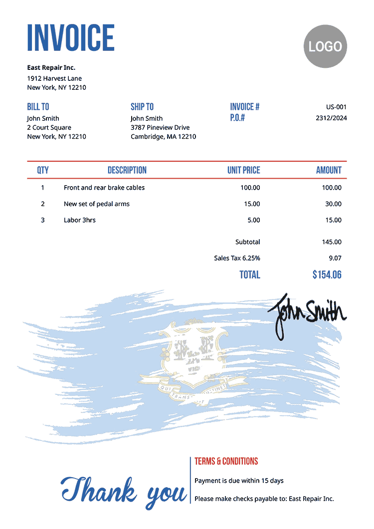 Invoice Template Us Flag Of Connecticut 