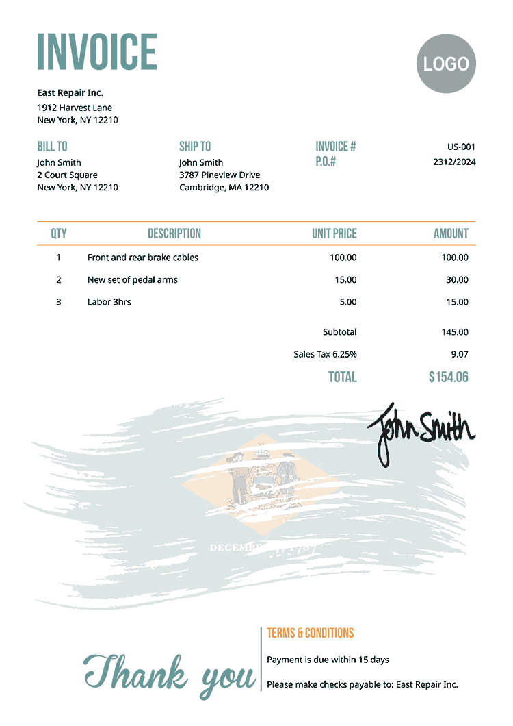 Invoice Template Us Flag Of Delaware 