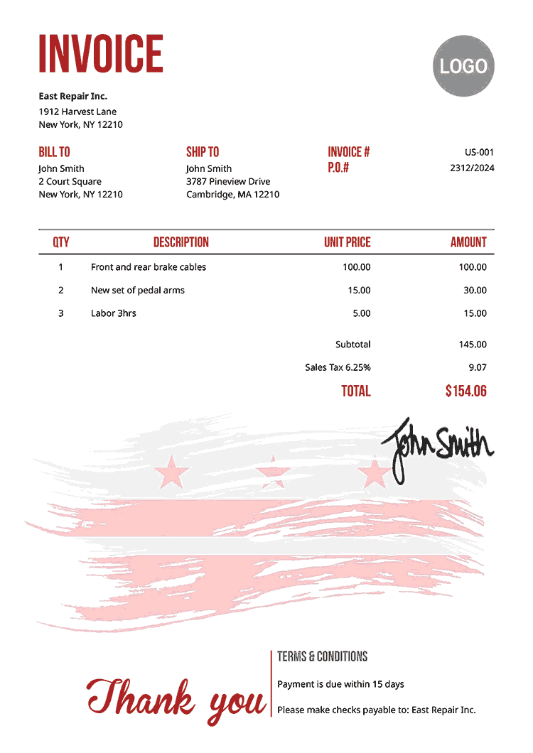 Invoice Template Us Flag Of District Of Columbia 