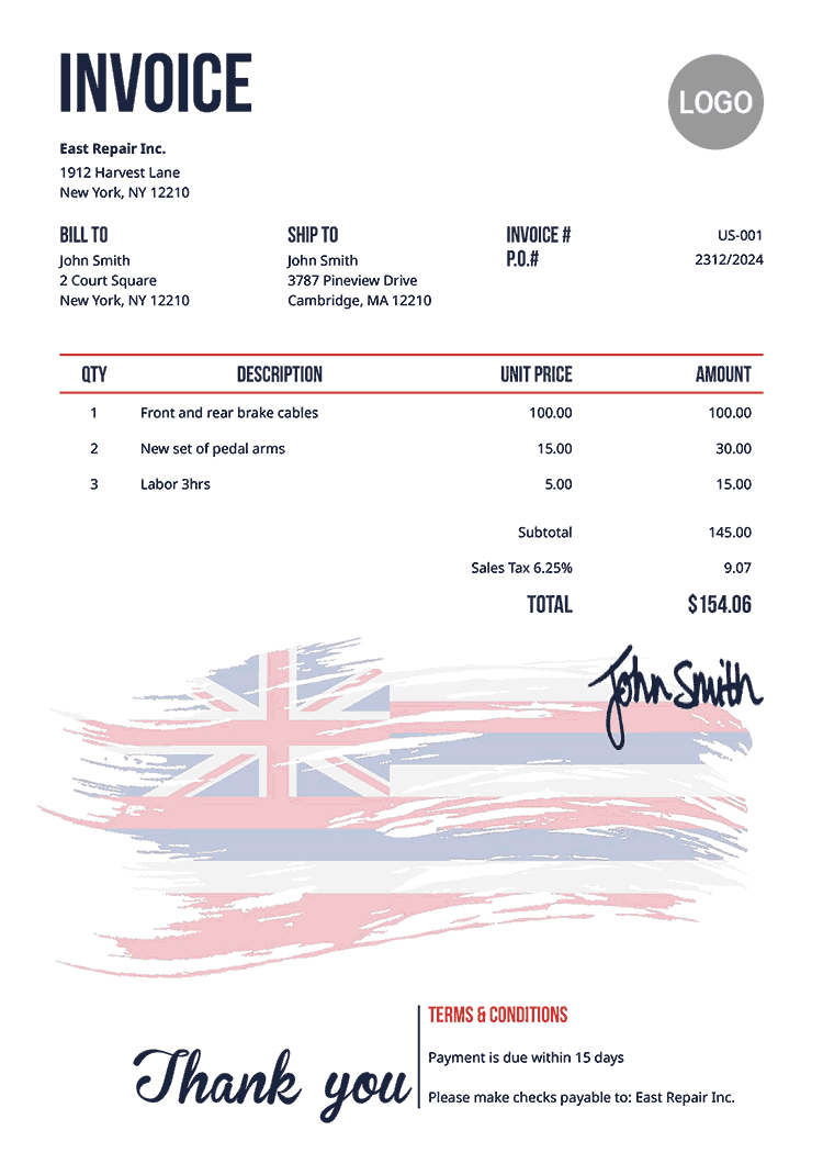Invoice Template Us Flag Of Hawaii 