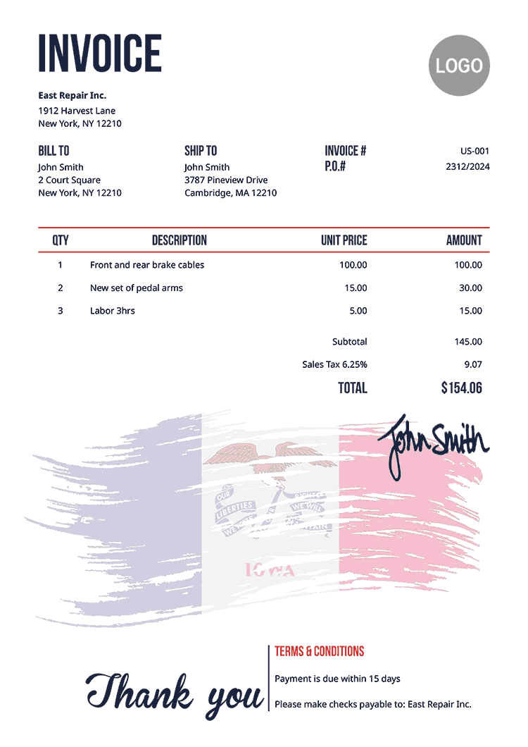 Invoice Template Us Flag Of Iowa 