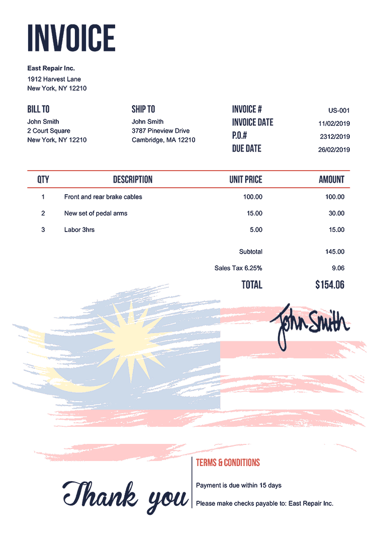 Invoice Template Us Flag Of Malaysia 