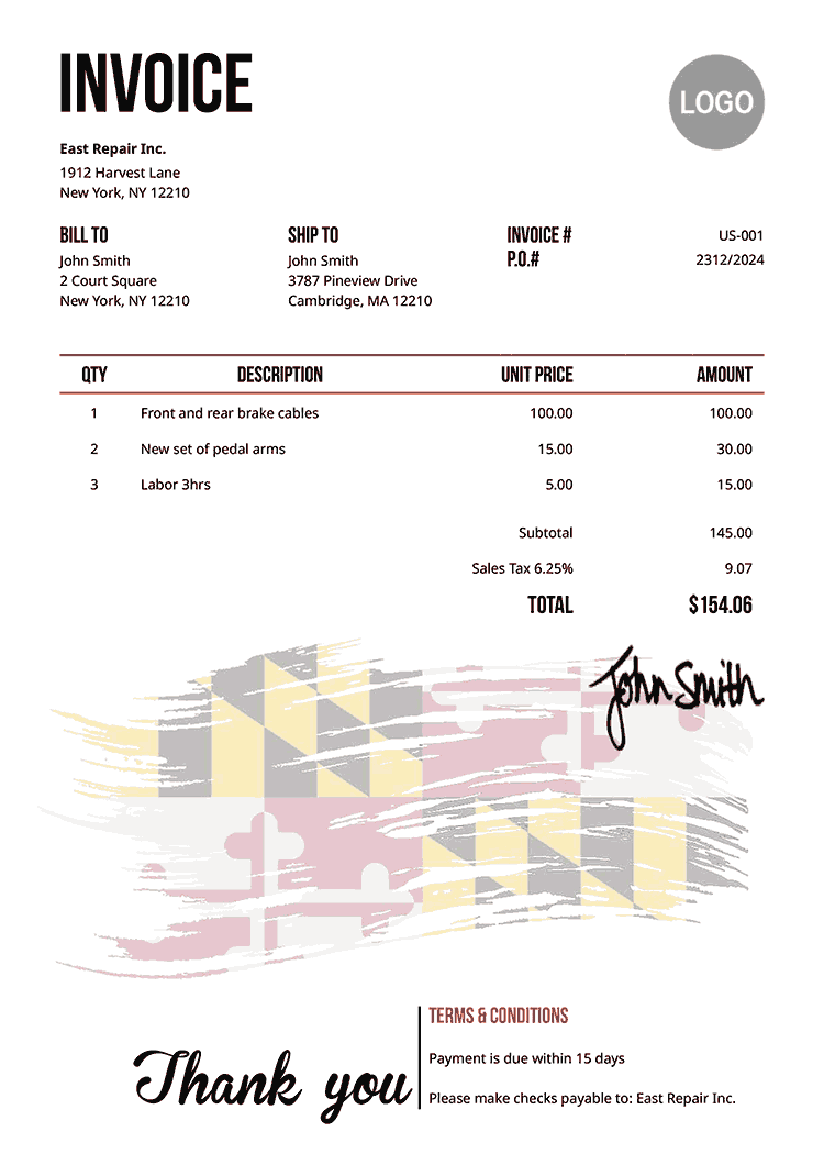 Invoice Template Us Flag Of Maryland 