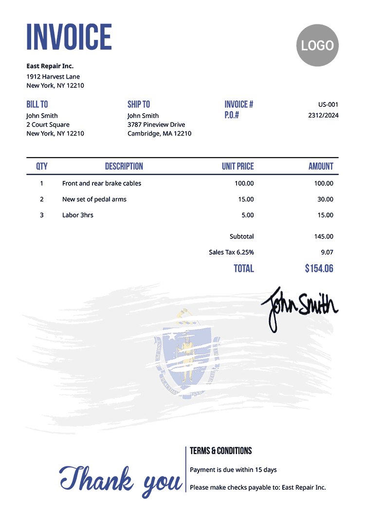 Invoice Template Us Flag Of Massachusetts 