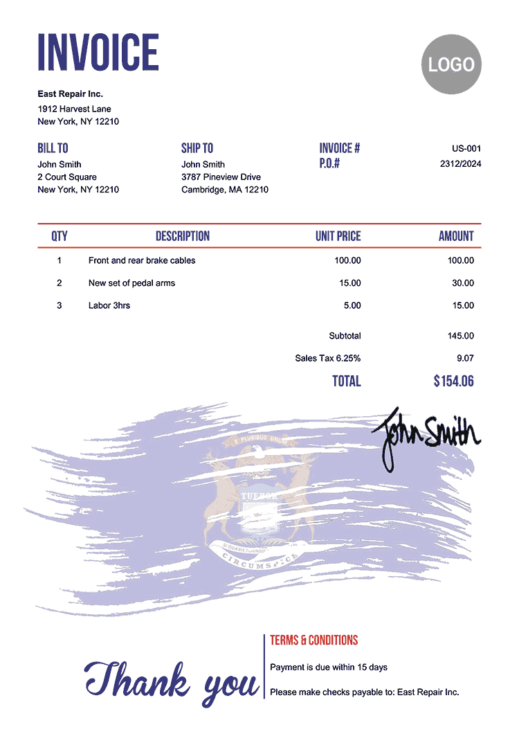 Invoice Template Us Flag Of Michigan 