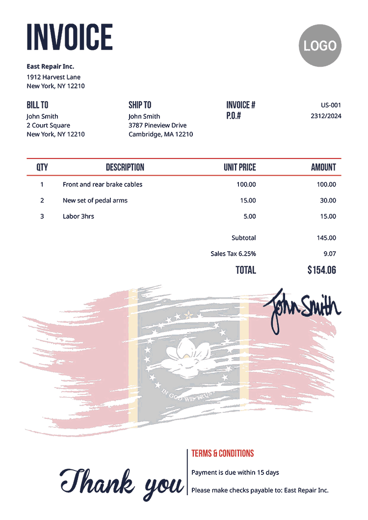 Invoice Template Us Flag Of Mississippi 