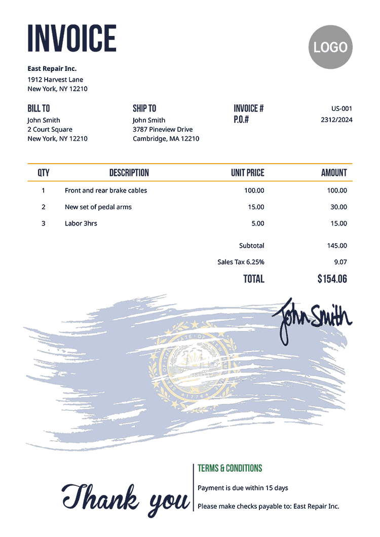 Invoice Template Us Flag Of New Hampshire 