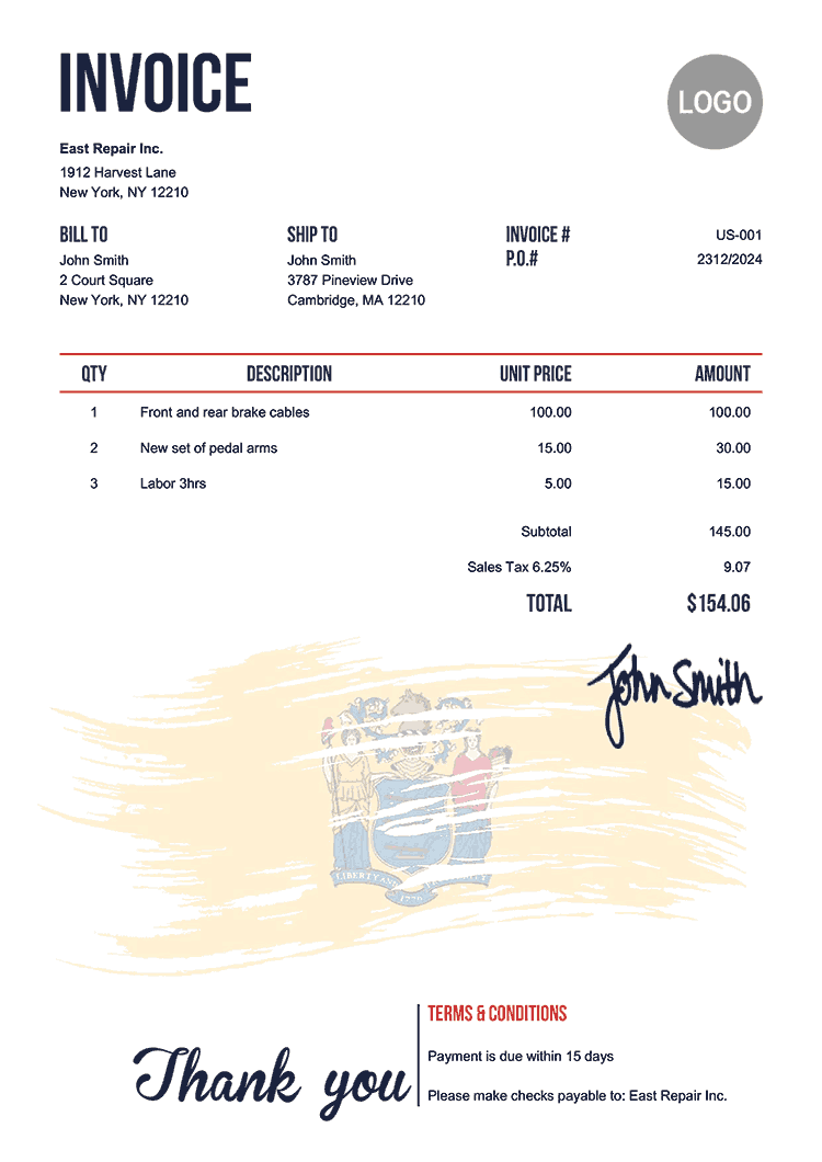 Invoice Template Us Flag Of New Jersey 