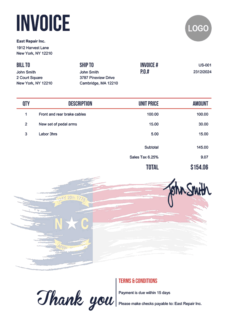 Invoice Template Us Flag Of North Carolina 