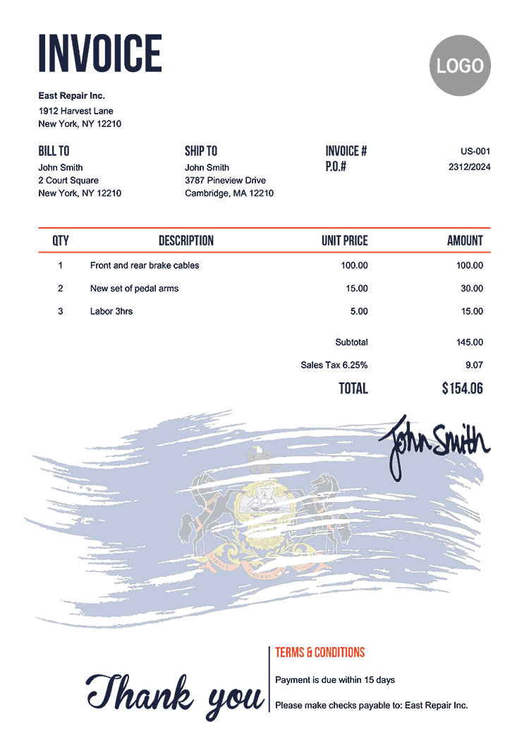 Invoice Template Us Flag Of Pennsylvania 