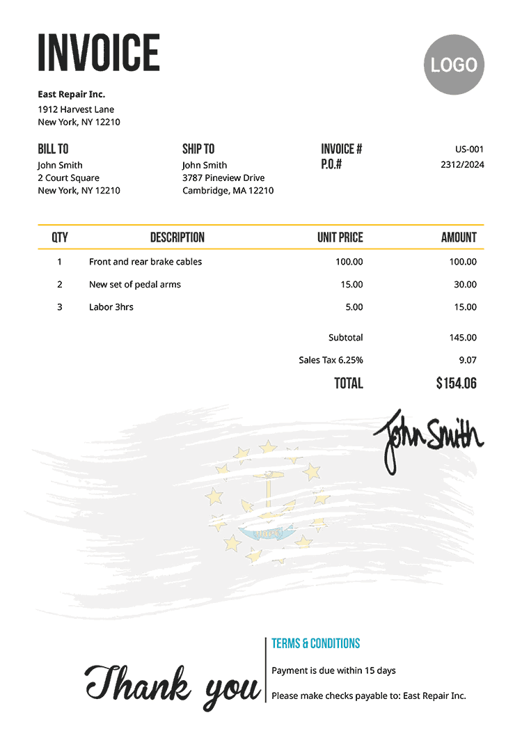 Invoice Template Us Flag Of Rhode Island 