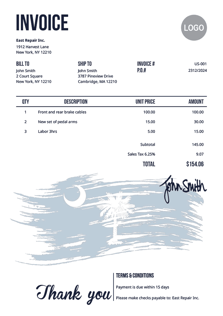 Invoice Template Us Flag Of South Carolina 