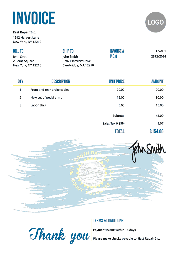 Invoice Template Us Flag Of South Dakota 