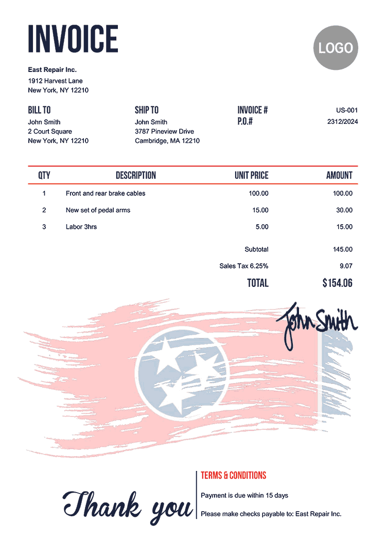 Invoice Template Us Flag Of Tennessee 