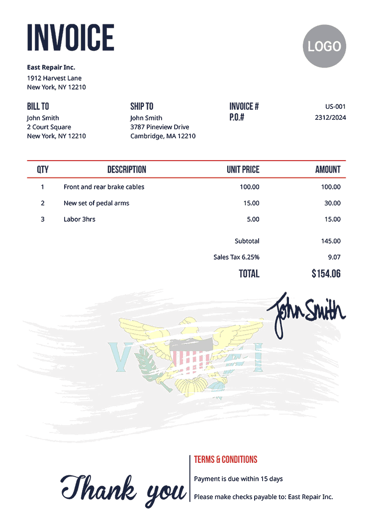 Invoice Template Us Flag Of Us Virgin Islands 