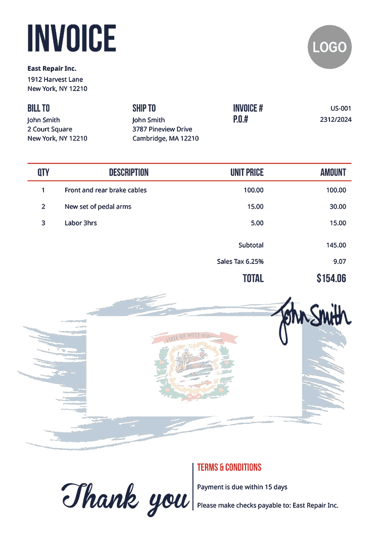 Invoice Template Us Flag Of West Virginia 