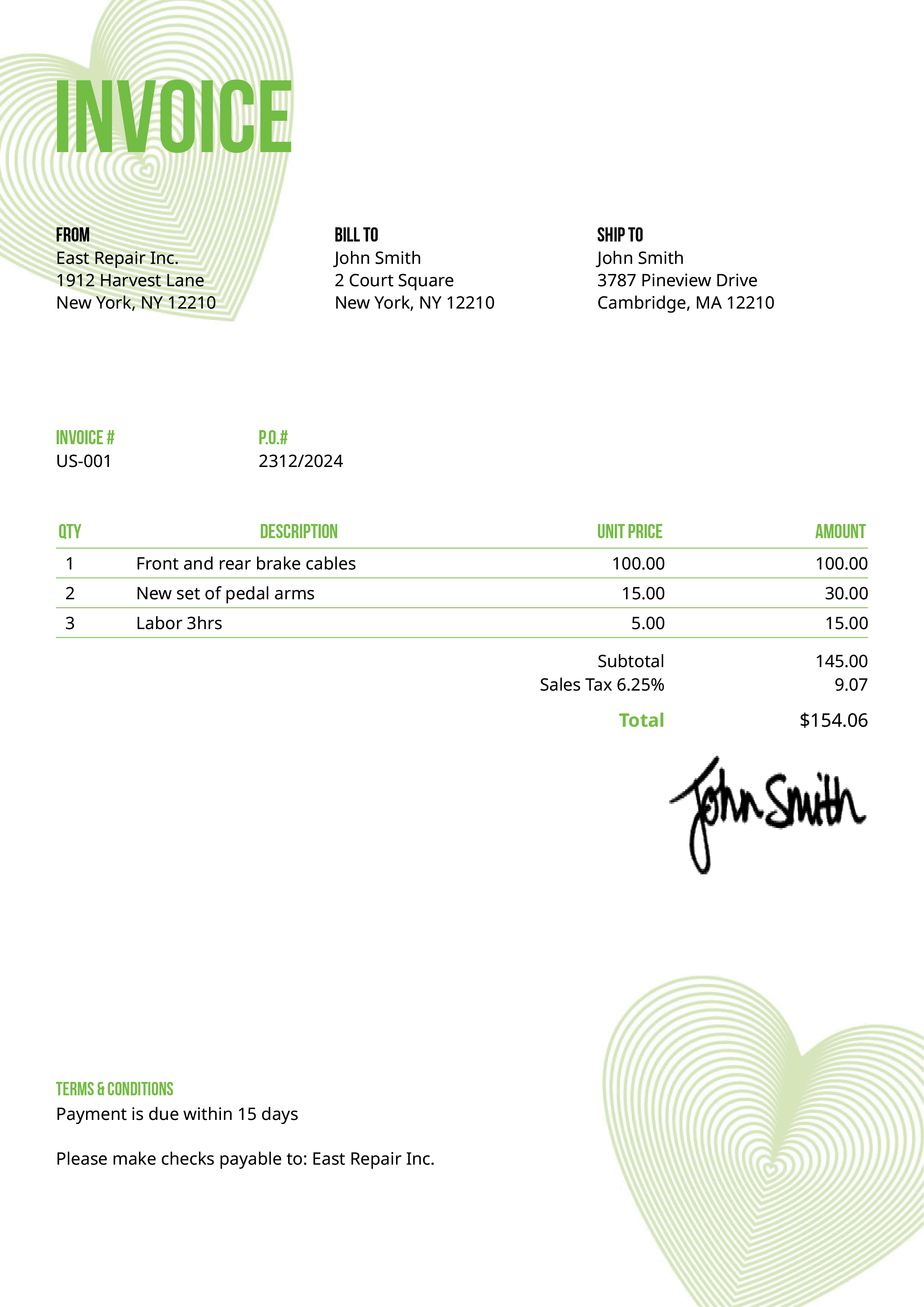Invoice Template Us Hearts Green 