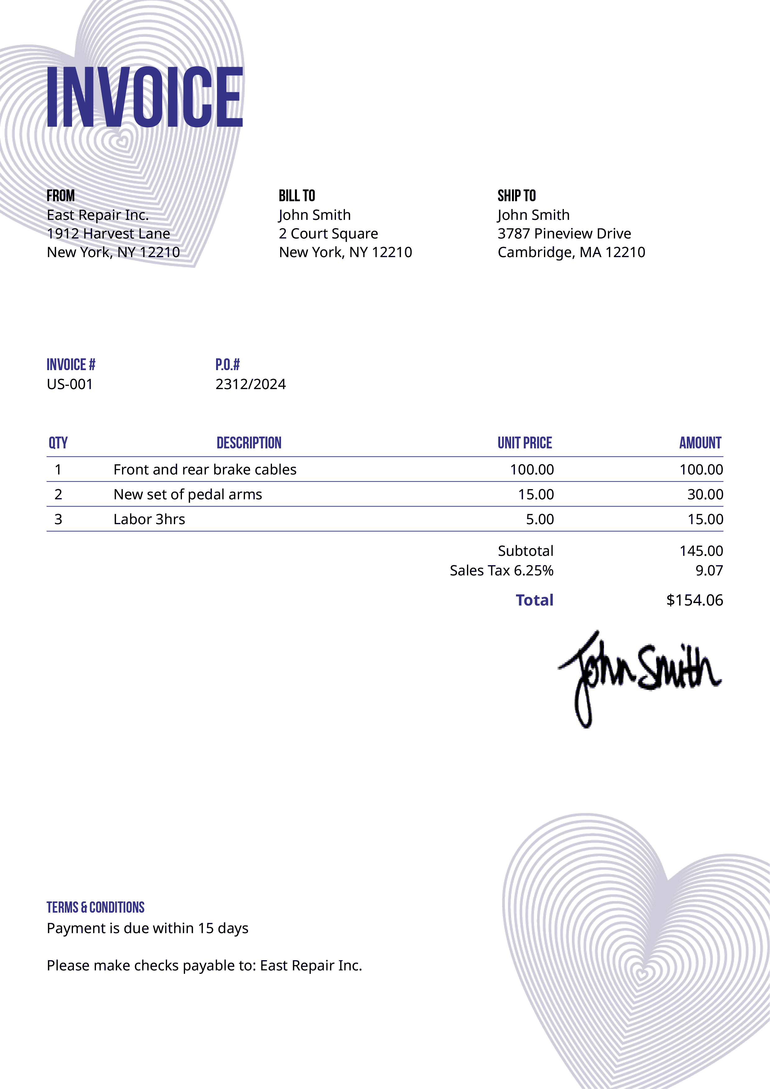 Invoice Template Us Hearts Purple 