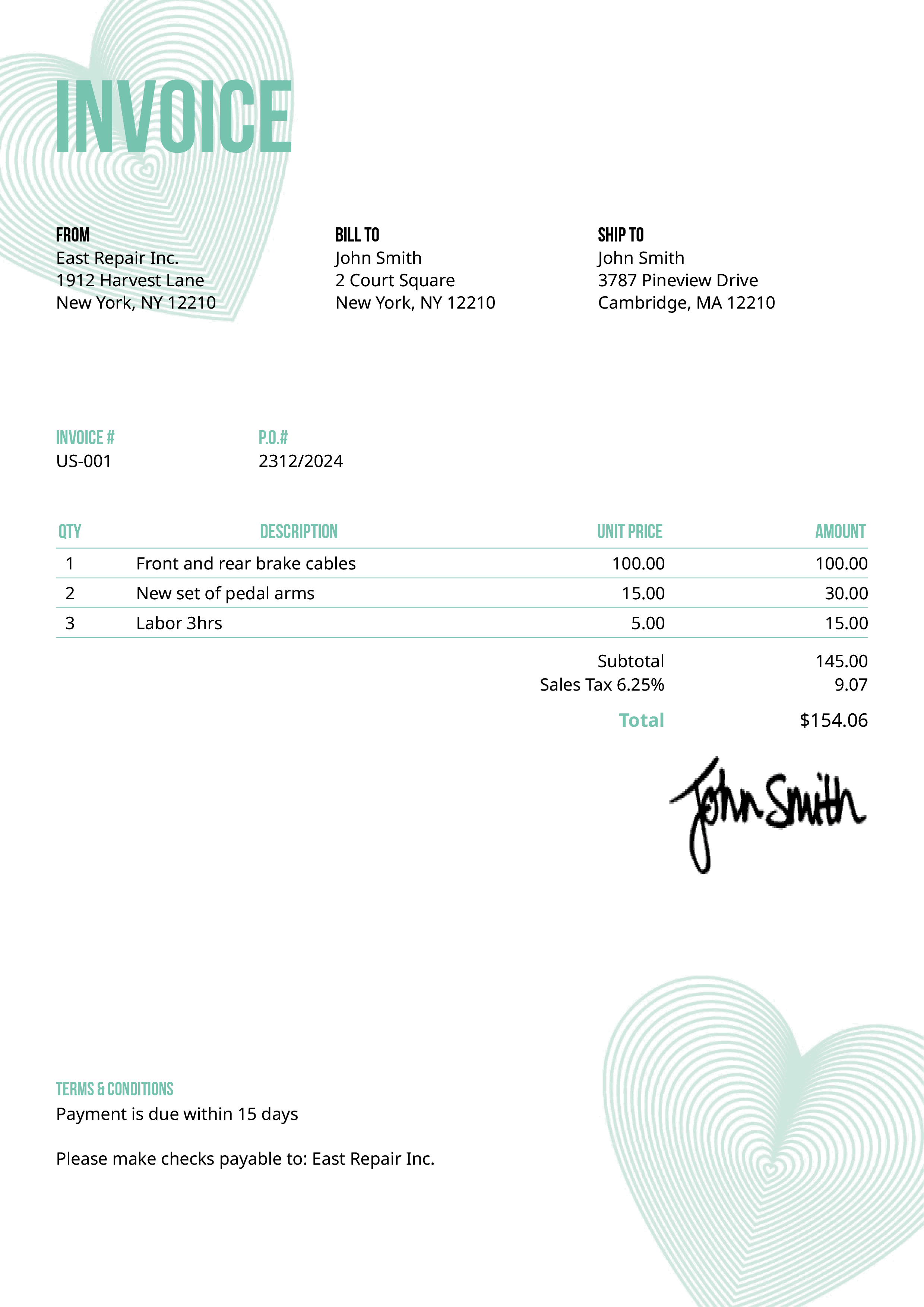 Invoice Template Us Hearts Turquoise 