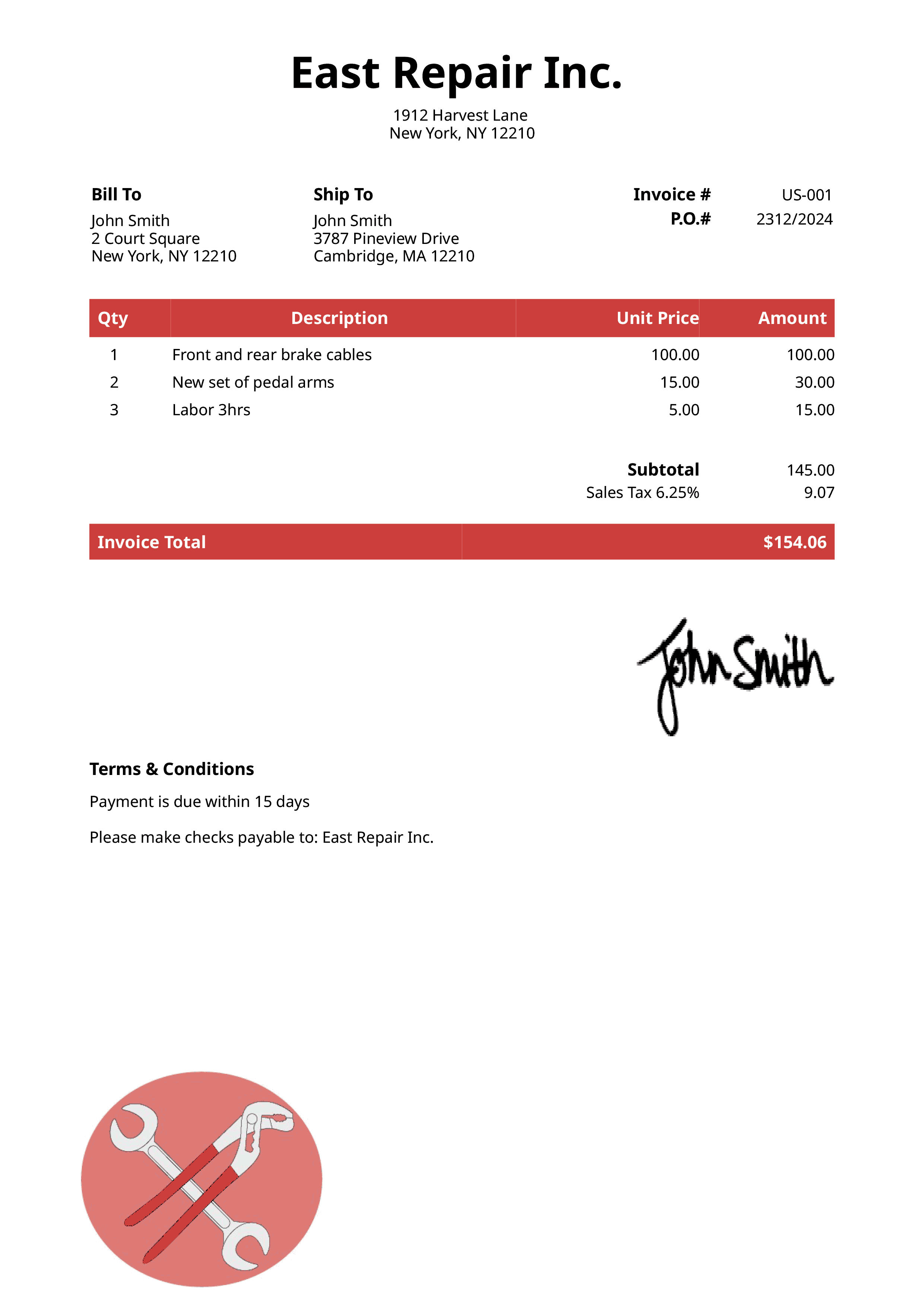 Invoice Template Us Mechanic Red 