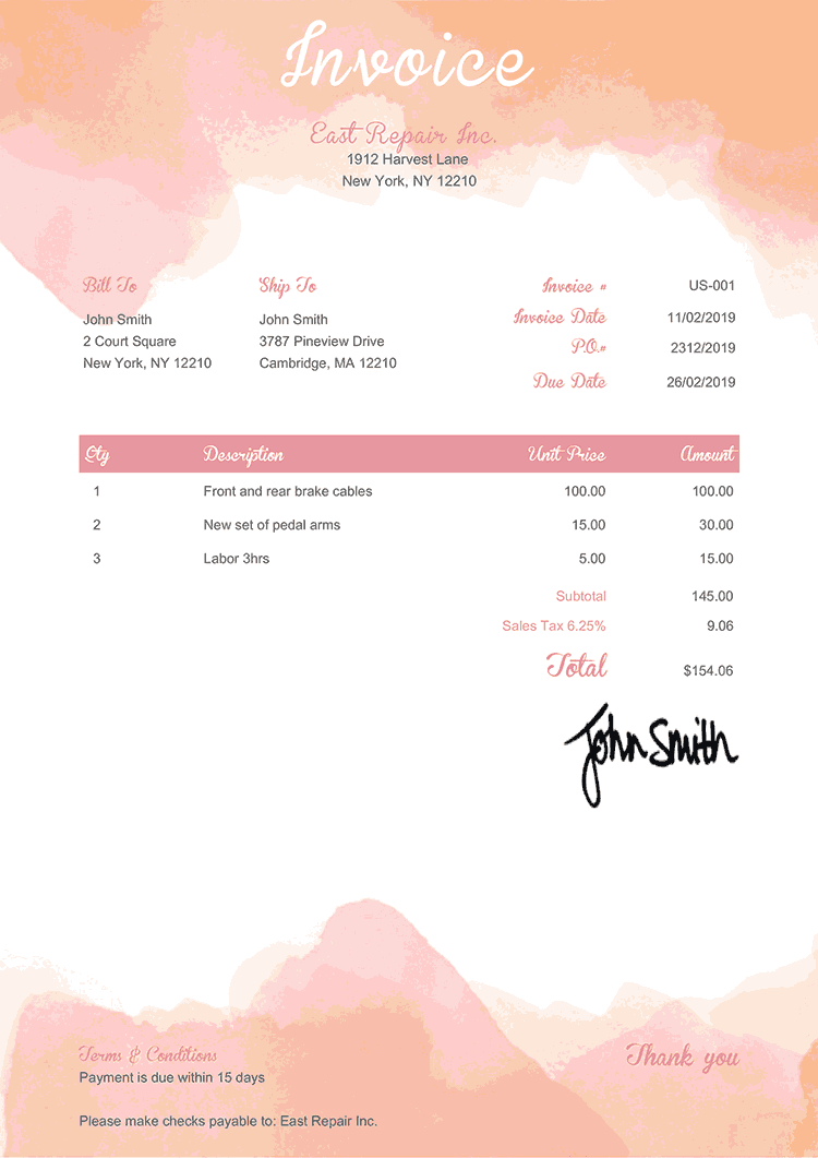 Invoice Template Us Watercolor Pink 