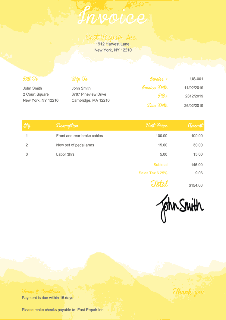 Invoice Template Us Watercolor Yellow 