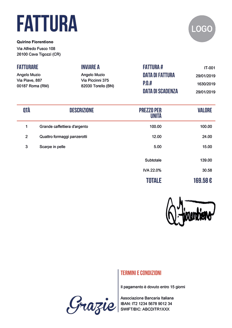 download gratuito di modello di fattura Excel