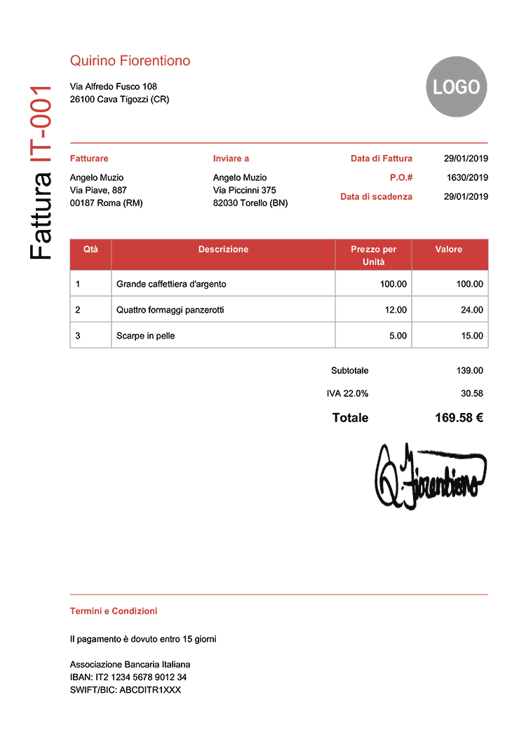 download gratuito di modello di fattura Excel