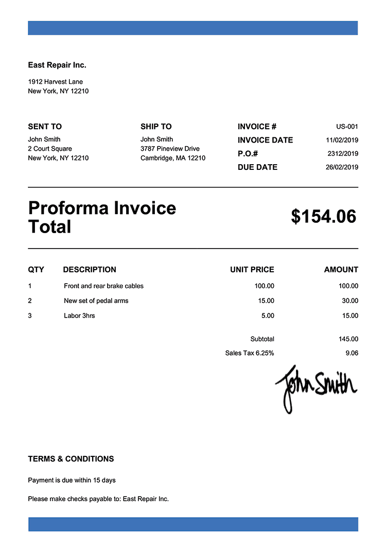 Proforma Invoice Template Us Band Blue 