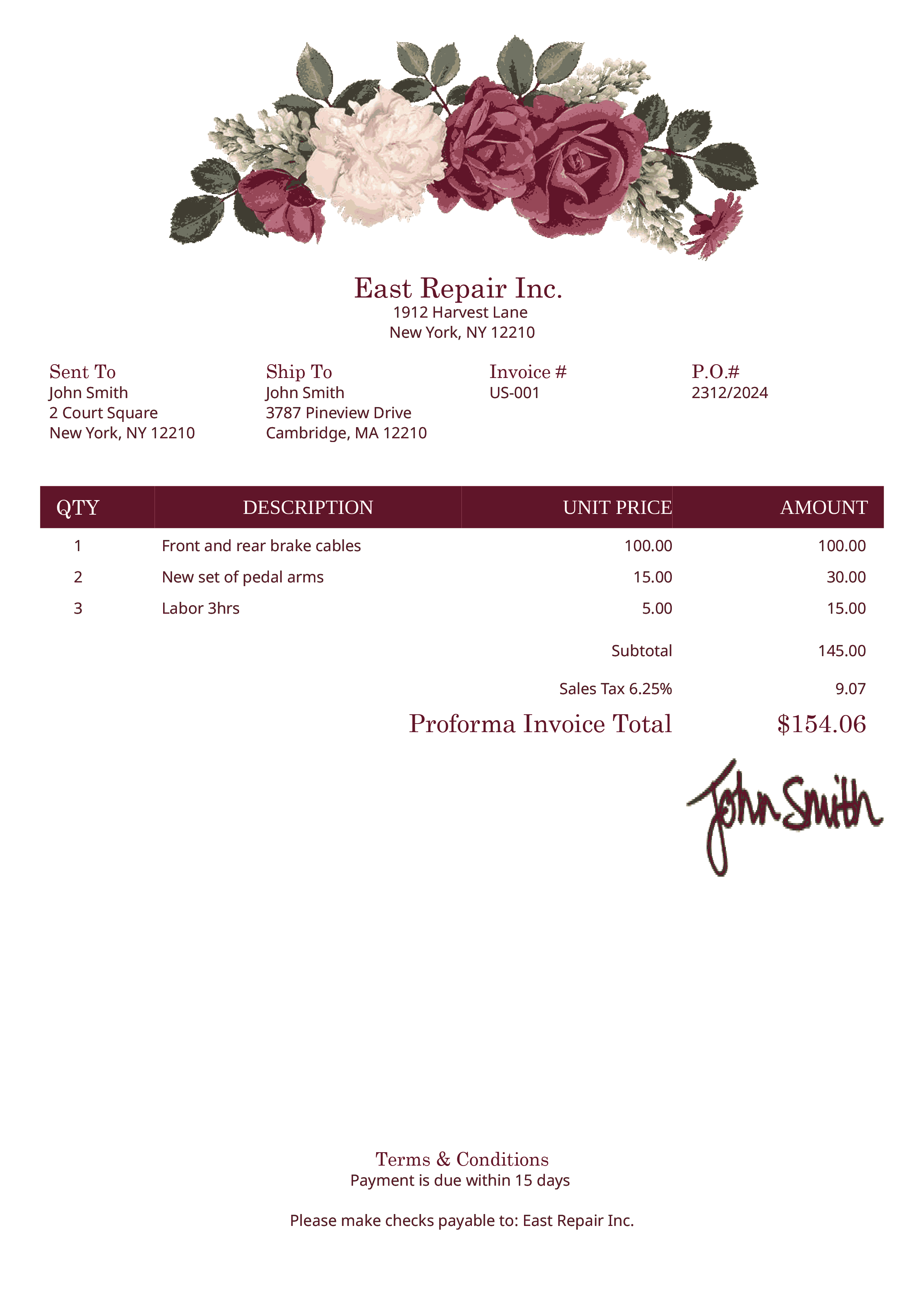 Proforma Invoice Template Us Bouquet 