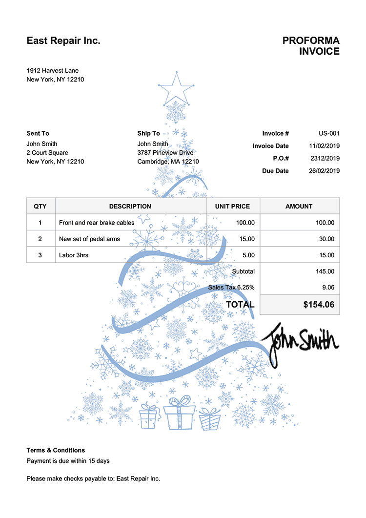 Proforma Invoice Template Us Christmas Tree Blue 
