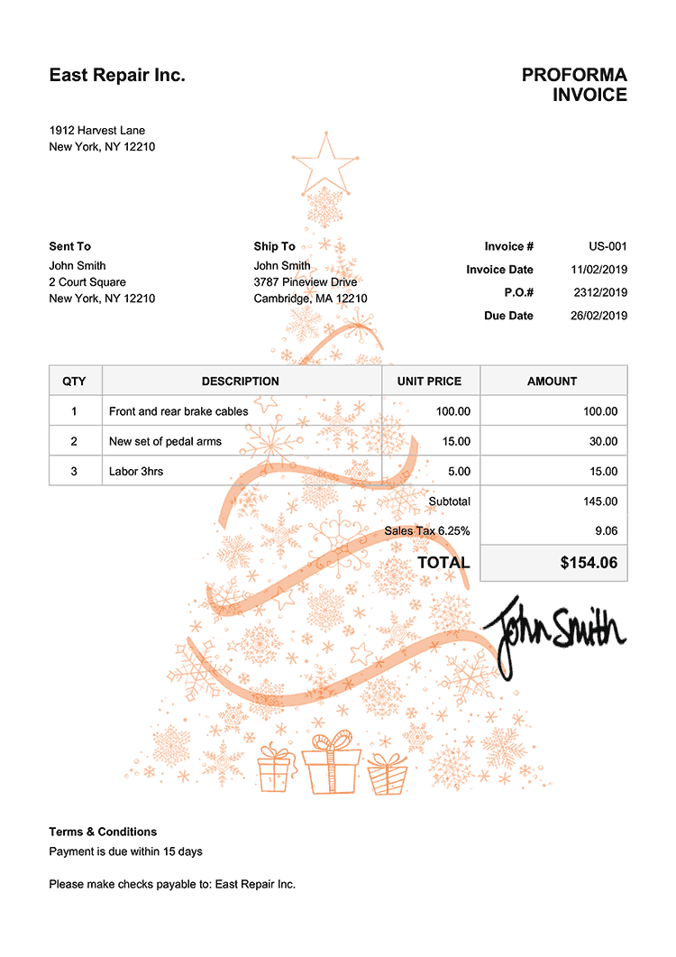 Proforma Invoice Template Us Christmas Tree Orange 