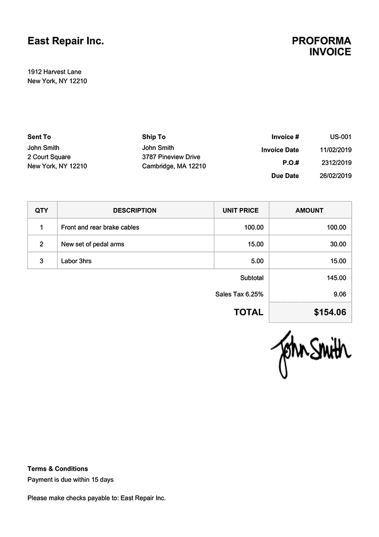 downloadable simple proforma invoice template