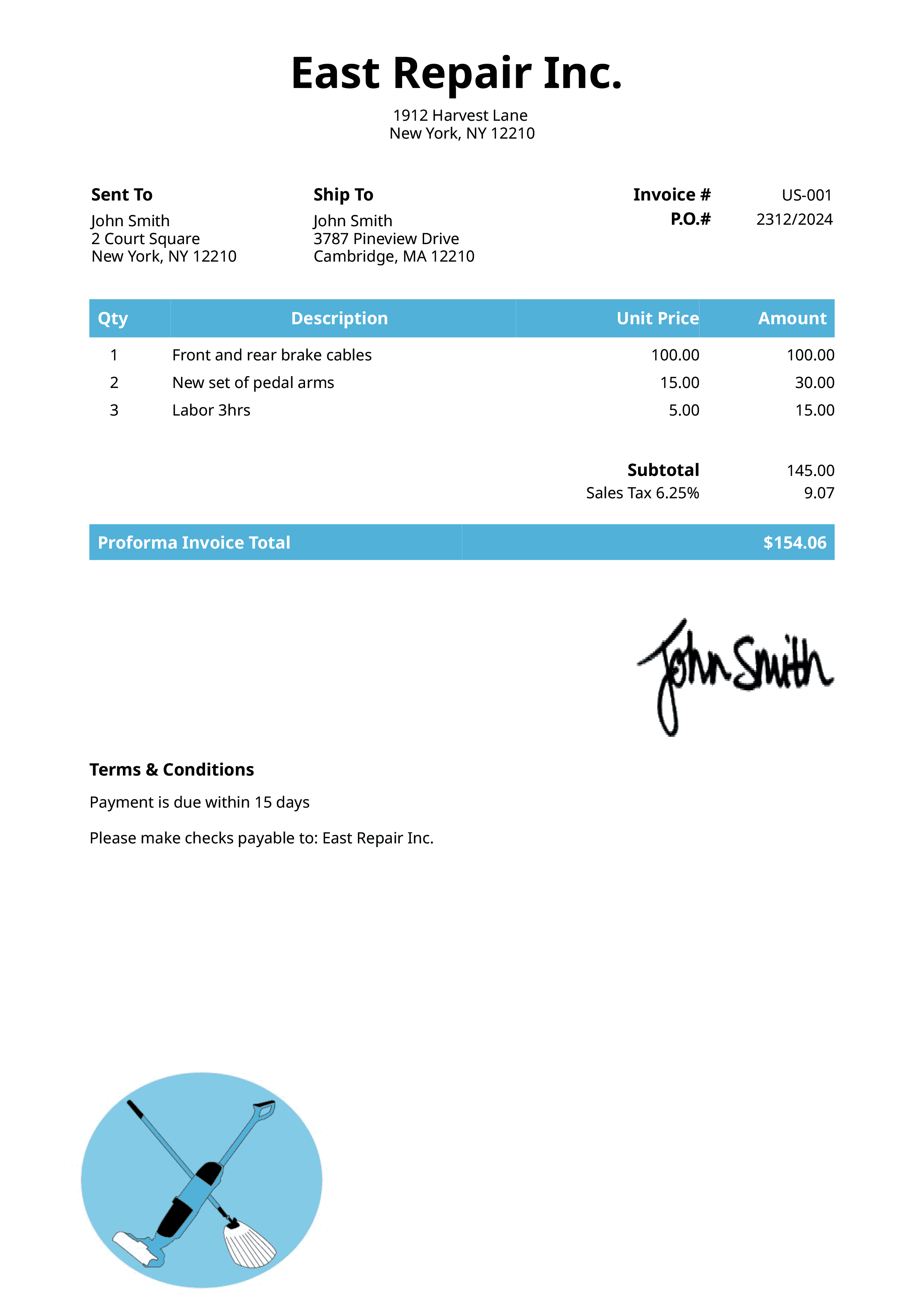 Proforma Invoice Template Us Cleaner Light Blue 