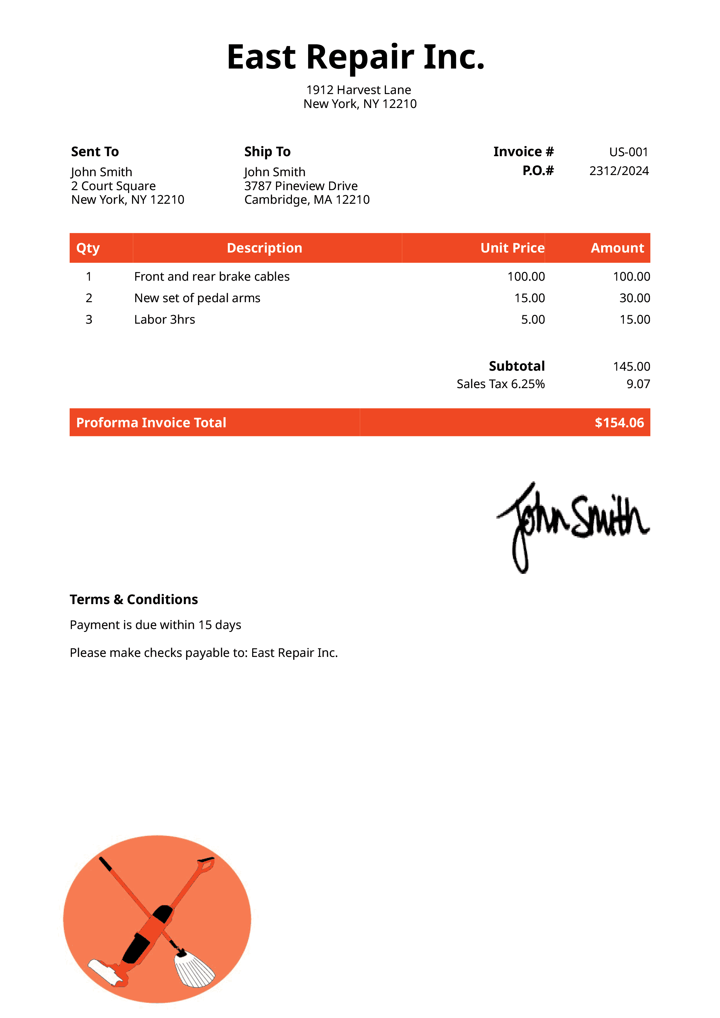 Proforma Invoice Template Us Cleaner Orange 
