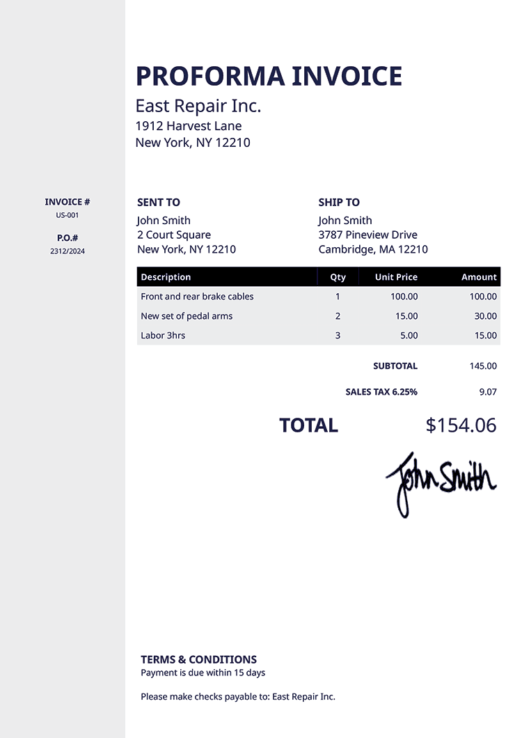 Proforma Invoice Template Us Column Black 