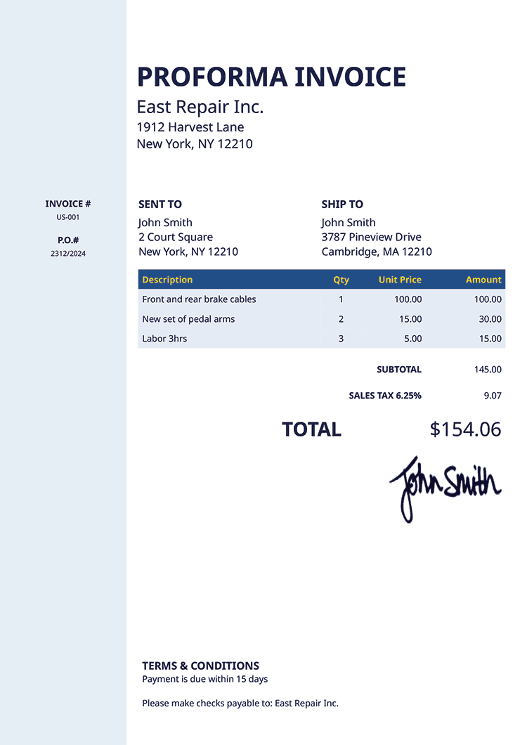 Proforma Invoice Template Us Column Blue 