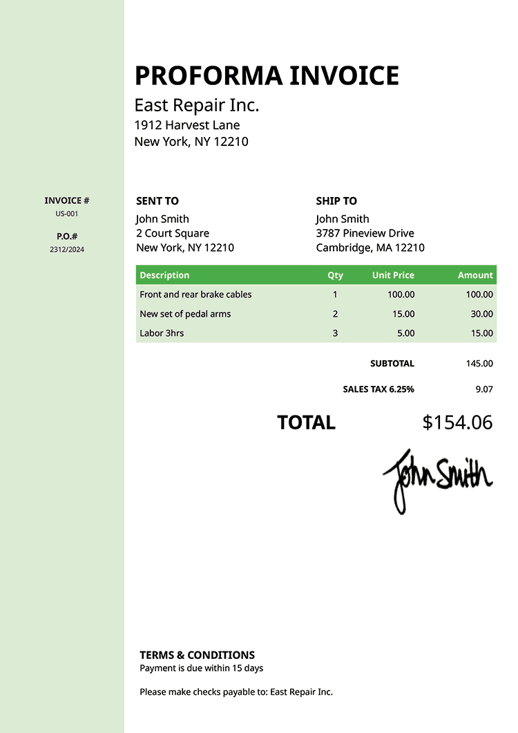 Proforma Invoice Template Us Column Green 