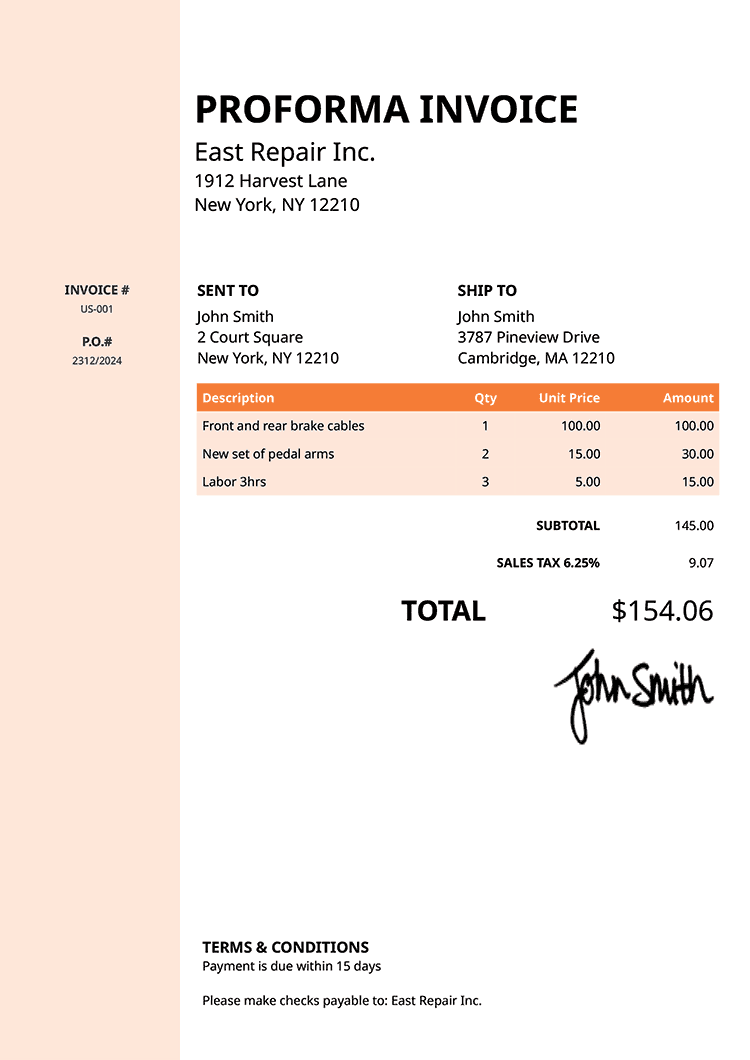 Proforma Invoice Template Us Column Orange 