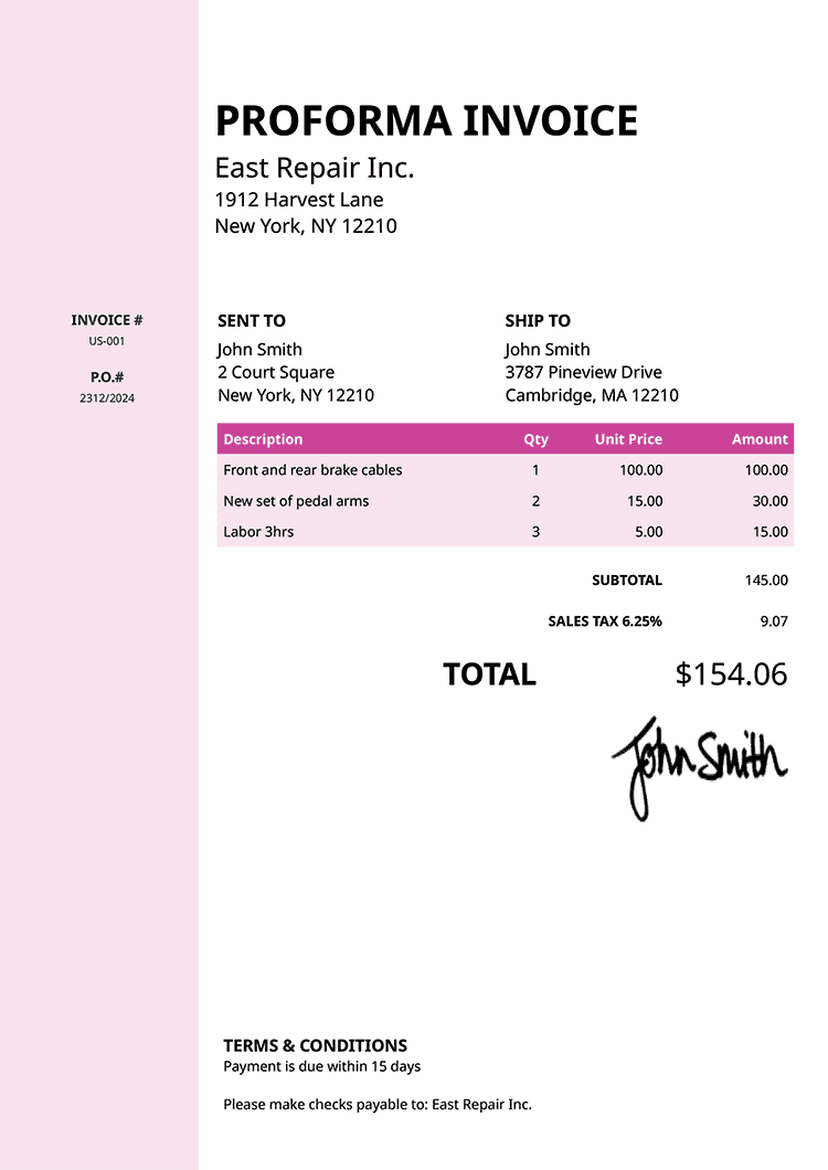 Proforma Invoice Template Us Column Pink 