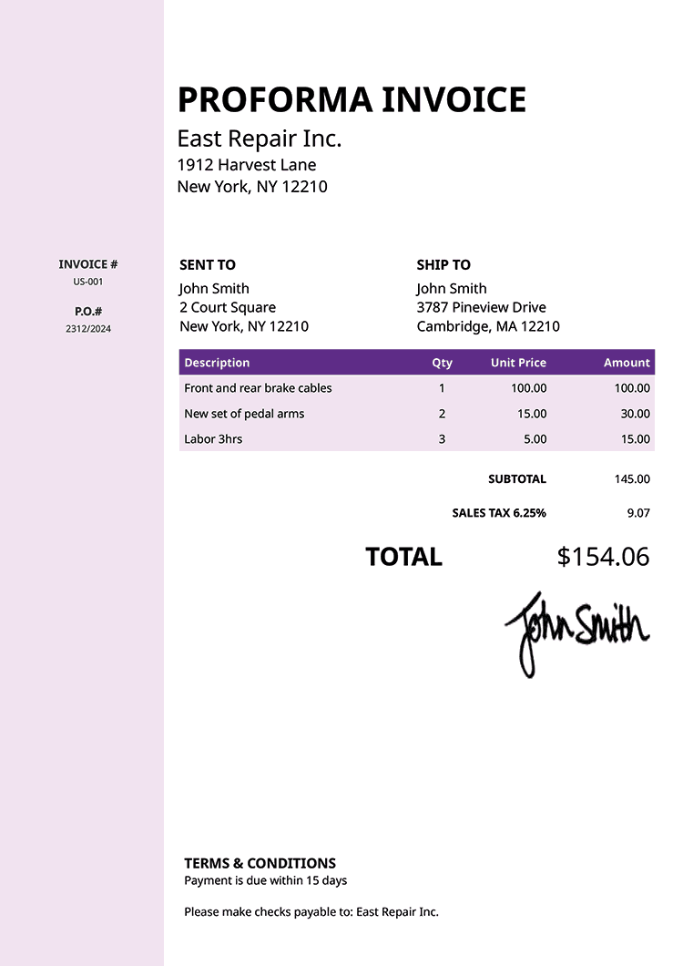 Proforma Invoice Template Us Column Purple 
